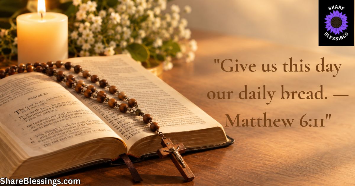 Open Bible with rosary beads, a lit candle, and white flowers on a wooden table