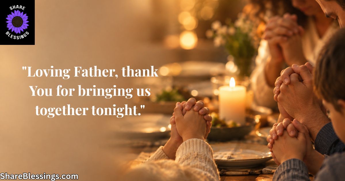 Family members holding hands in prayer at a candlelit dinner table