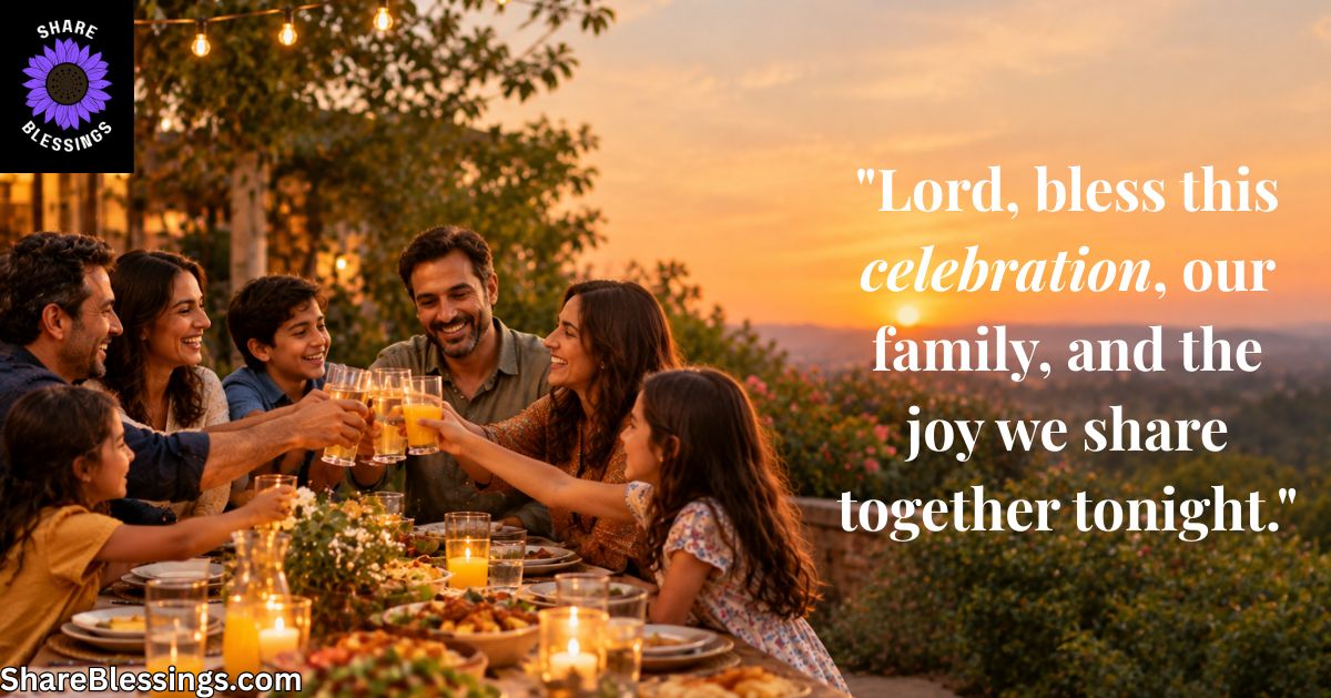 Family and friends celebrating together at an outdoor dinner table under string lights