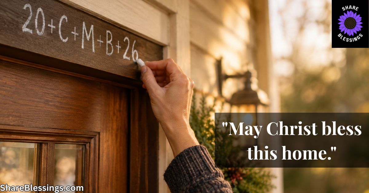 Close-up of a hand writing the Epiphany blessing 20+C+M+B+26 above a wooden door