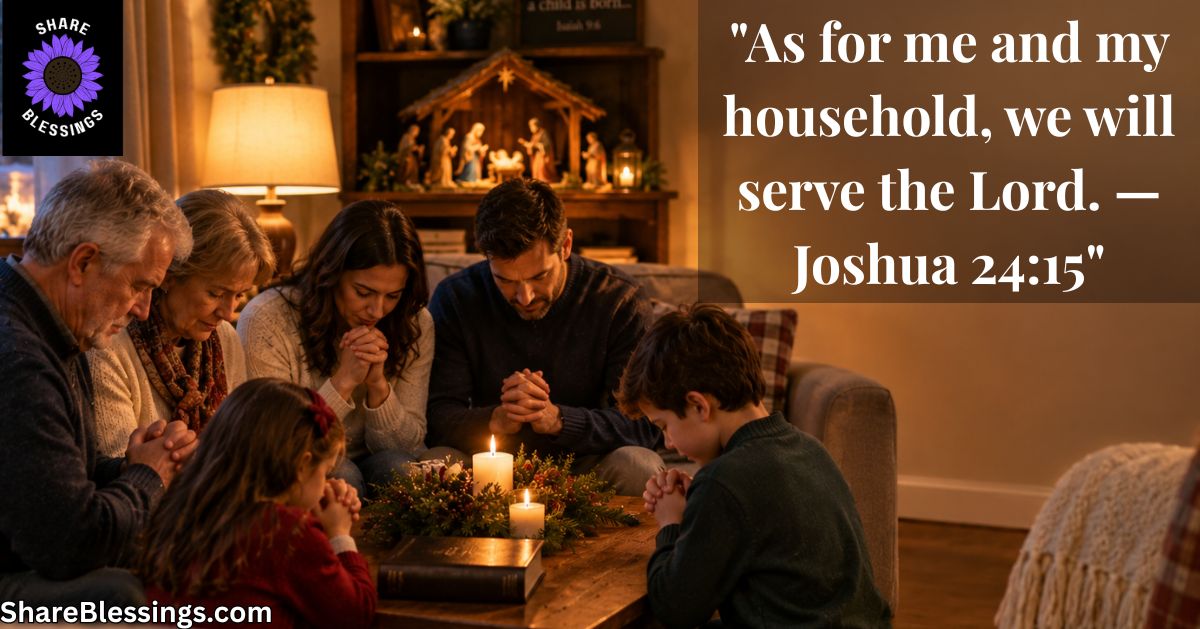 Multi-generational family praying together beside a nativity scene and candles