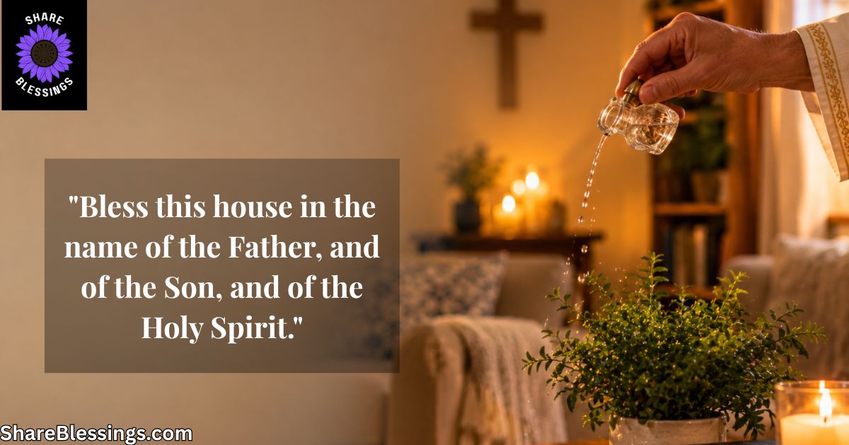 Hand sprinkling holy water near a potted plant with a cross visible in the background