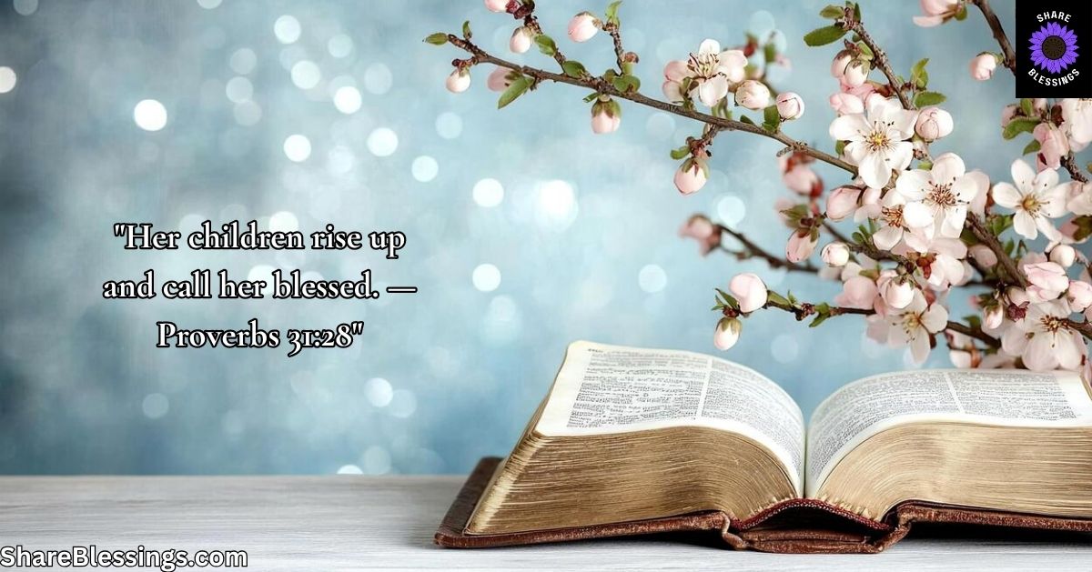 Bible Verses for Mother's Day — open Bible with cherry blossom flowers