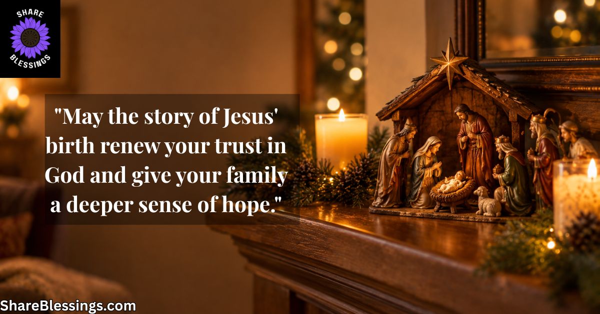 Nativity scene figurines on a mantel with candlelight and Christmas tree lights in the background