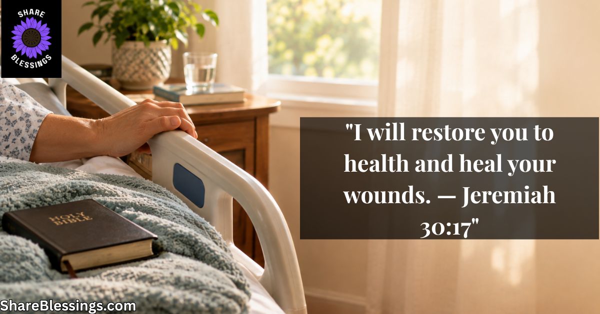 Hand resting on a hospital-style bed rail beside a Bible, symbolizing recovery at home