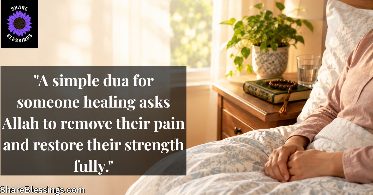 Person resting in bed with hands folded, a prayer book and tasbih on the nightstand