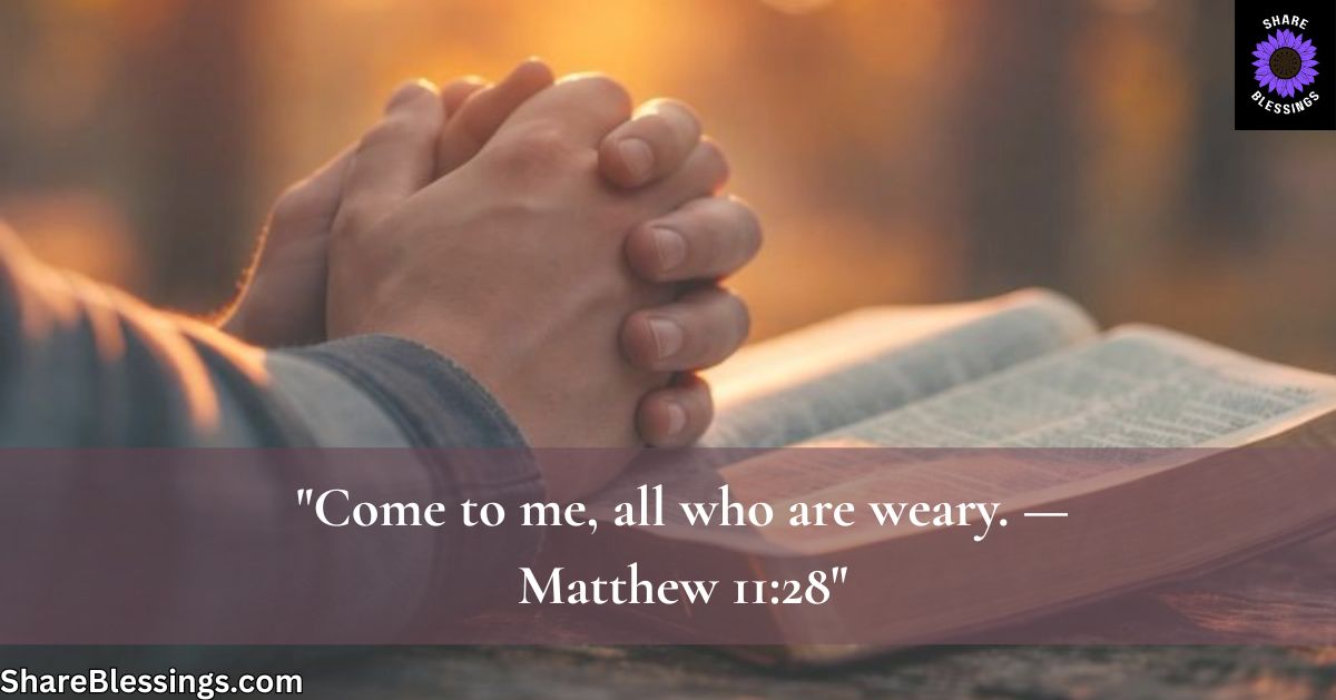 Hands folded in prayer beside an open Bible in warm afternoon light