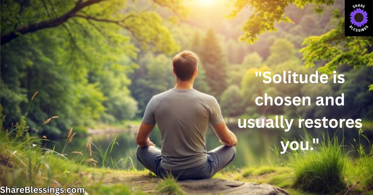 Man meditating peacefully by a forest lake in sunlight