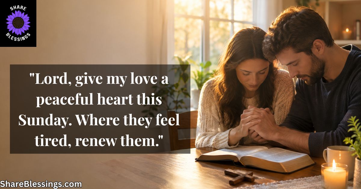 Couple praying together over an open Bible, sharing a Sunday prayer for peace and renewed strength