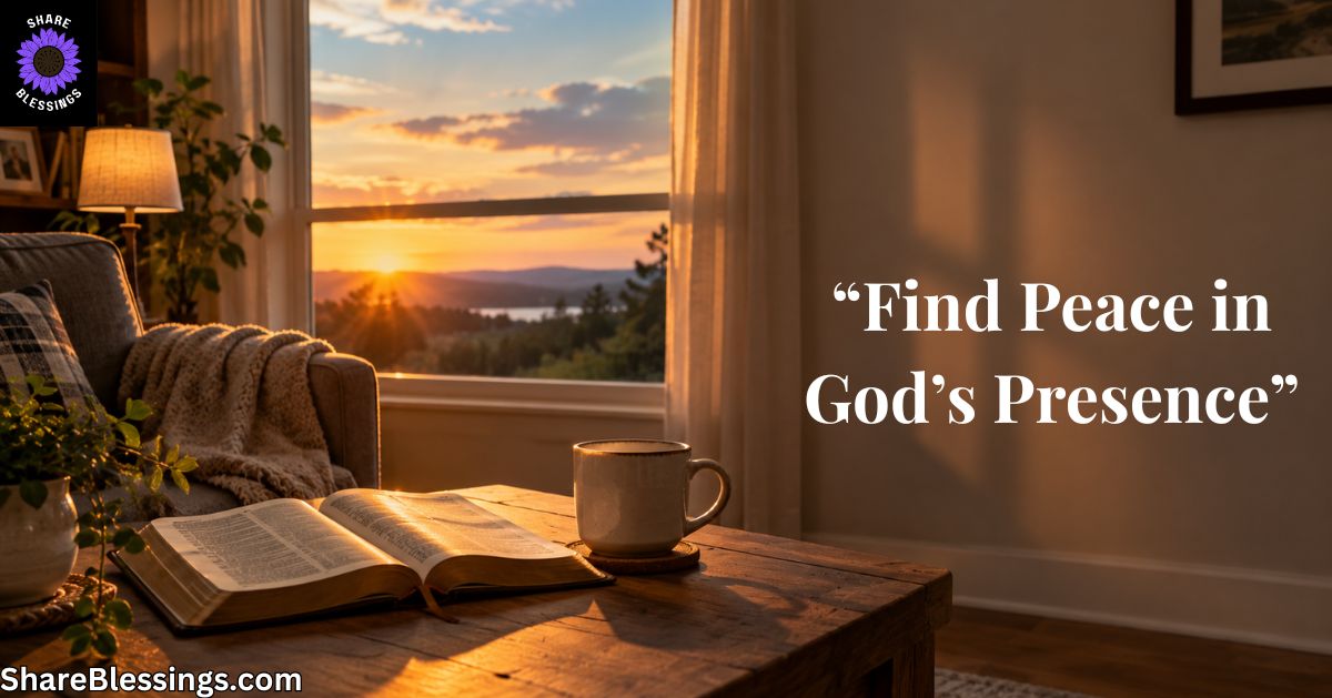 Open Bible and warm cup of coffee on a wooden table beside a sunlit window at sunset, creating a peaceful atmosphere of prayer, reflection, and finding comfort in God's presence.