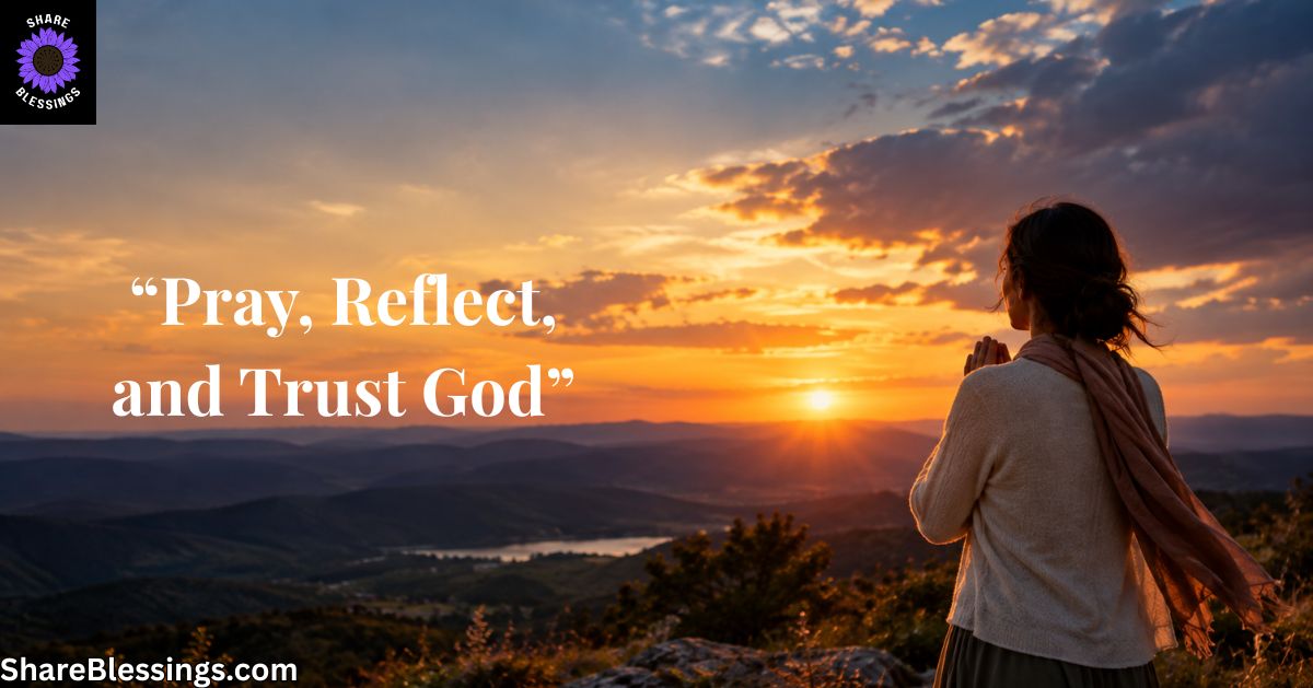Woman praying while watching a peaceful sunset over mountains