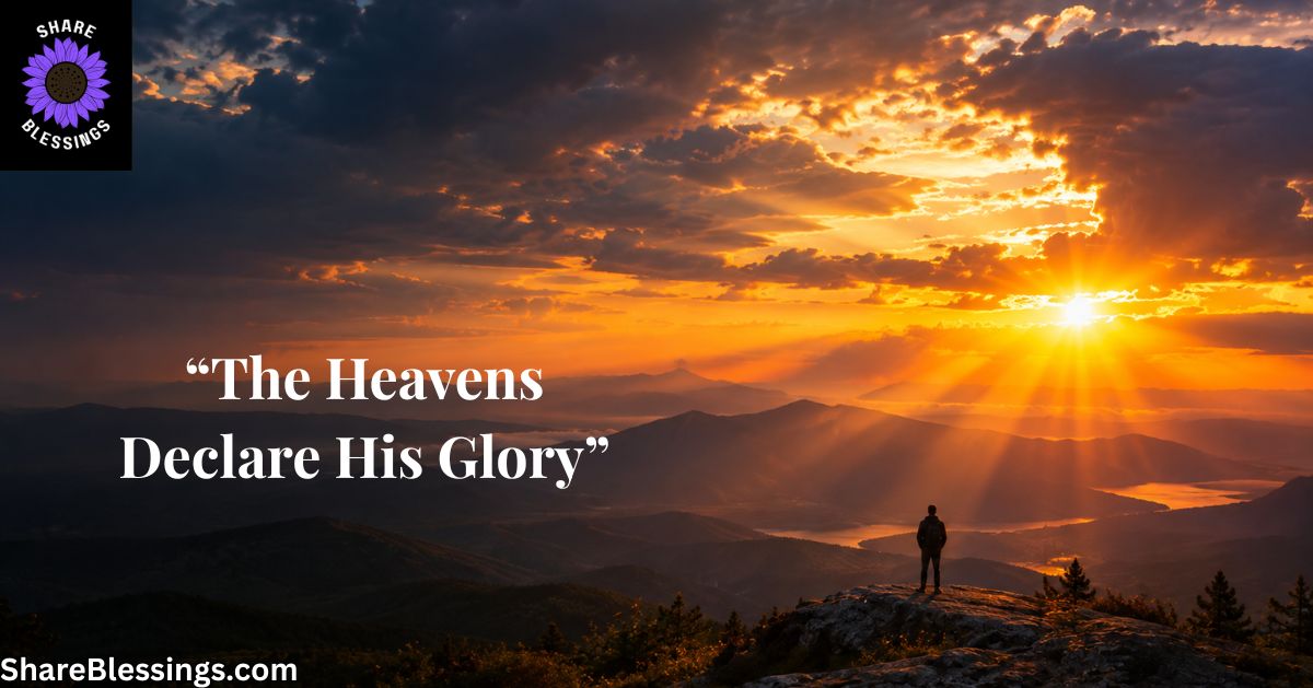 Majestic sunset over a mountain landscape with golden rays breaking through dramatic clouds and a solitary figure standing on a rocky overlook, reflecting on God's glory and creation.