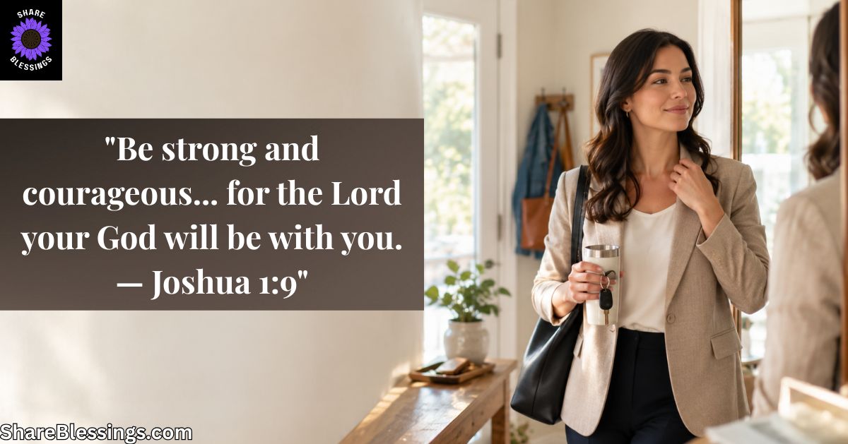 Christian woman preparing for her day while reflecting on Joshua 1:9, a Bible verse about being strong, courageous, and trusting God's presence.
