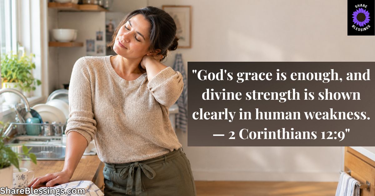 Christian woman resting thoughtfully in her kitchen with a message about God's grace and strength from 2 Corinthians 12:9.