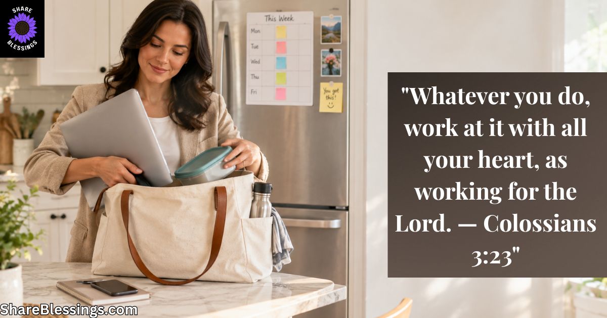 Christian woman preparing for work with a laptop and lunch bag, paired with Colossians 3:23 about working wholeheartedly for the Lord.
