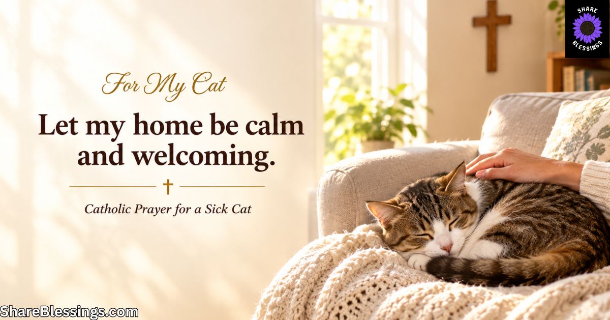 A tabby-and-white cat rests peacefully on a soft knitted blanket on a sofa while a person gently pets its back. Warm sunlight fills the cozy living room, with a wooden cross on the wall.