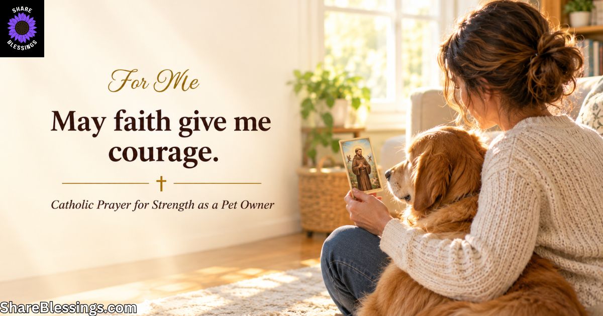 A woman in a cream sweater sits on the living room floor, gently embracing her golden retriever while holding a Saint Francis prayer card. Soft morning sunlight creates a warm, hopeful atmosphere.
