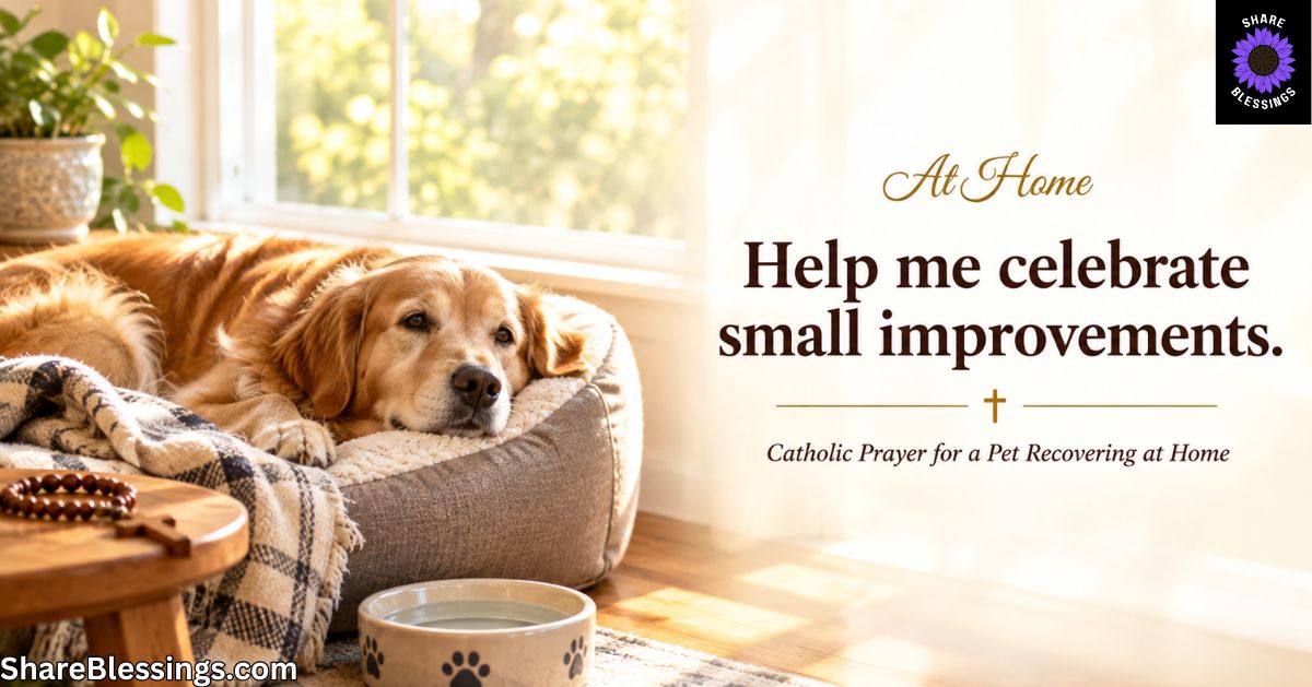 A golden retriever rests comfortably on a cushioned dog bed beside a sunny window. A wooden rosary lies on a small side table, and a water bowl sits nearby. Warm natural light creates a peaceful home setting.
