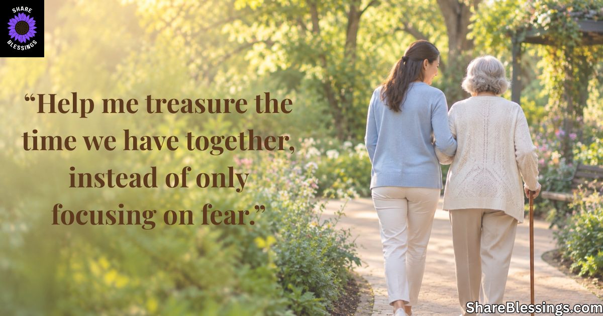 Daughter supporting her elderly mother during a peaceful walk through a sunlit garden.