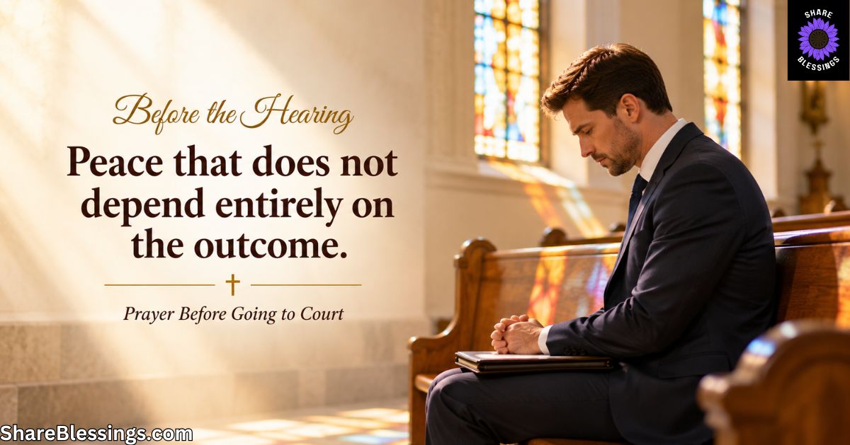 A man in a dark suit sits with his head bowed on a wooden church pew, praying before a court hearing. Warm sunlight streams through stained-glass windows.