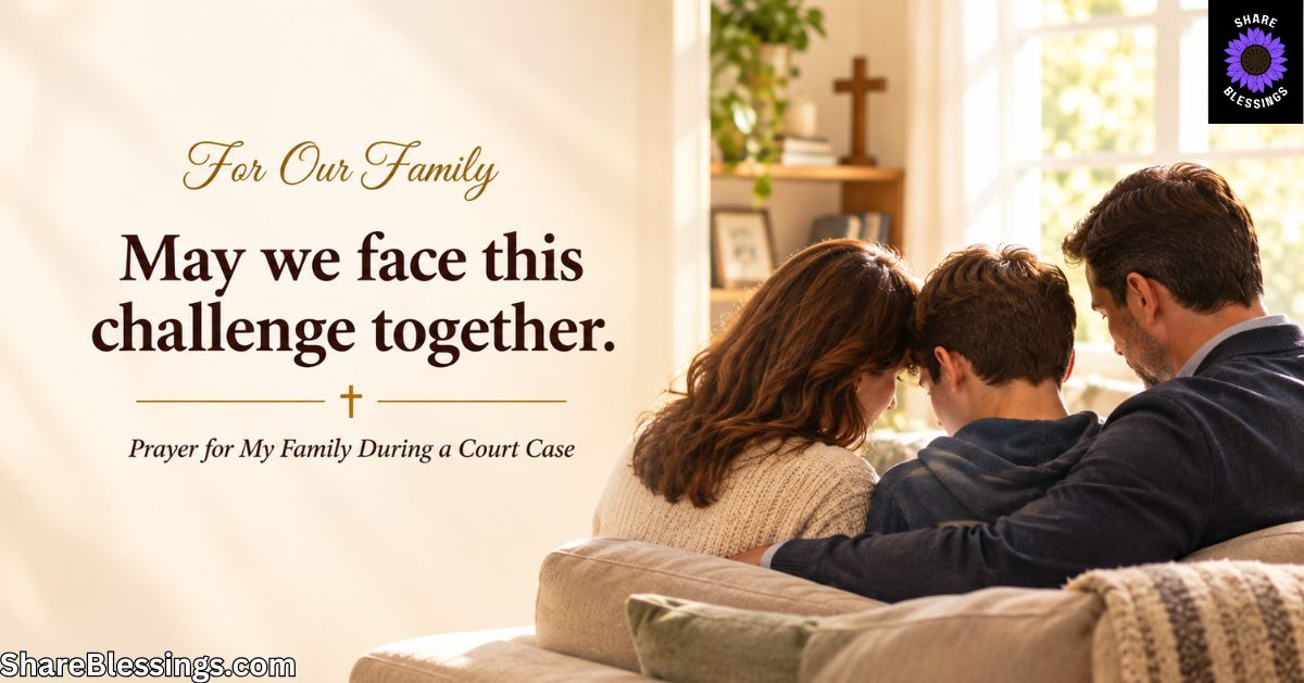 A mother, father, and teenage son sit closely together on a sofa, leaning toward one another for comfort and support. Soft sunlight fills their living room, with a wooden cross on a shelf in the background.
