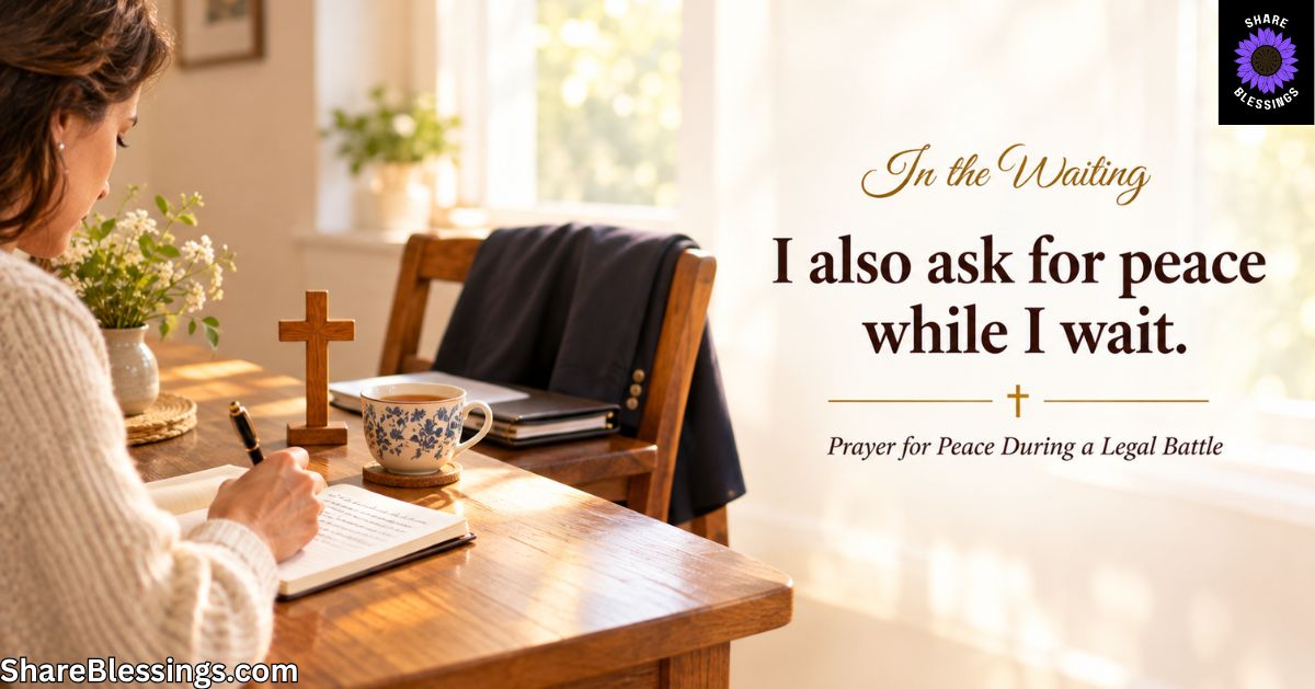A woman writes a prayer in a notebook at a wooden table beside a cup of tea and a small wooden cross. A folded blazer rests on a nearby chair in the warm morning light.