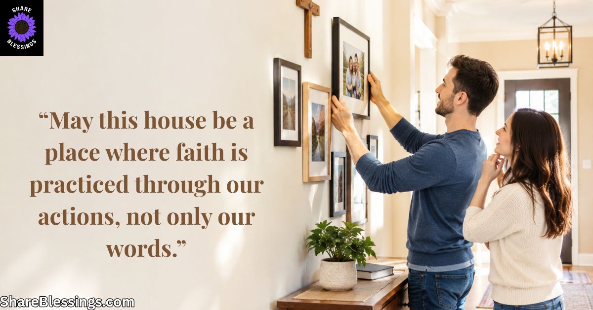 Christian couple arranging family photographs beneath a wooden cross in their home.