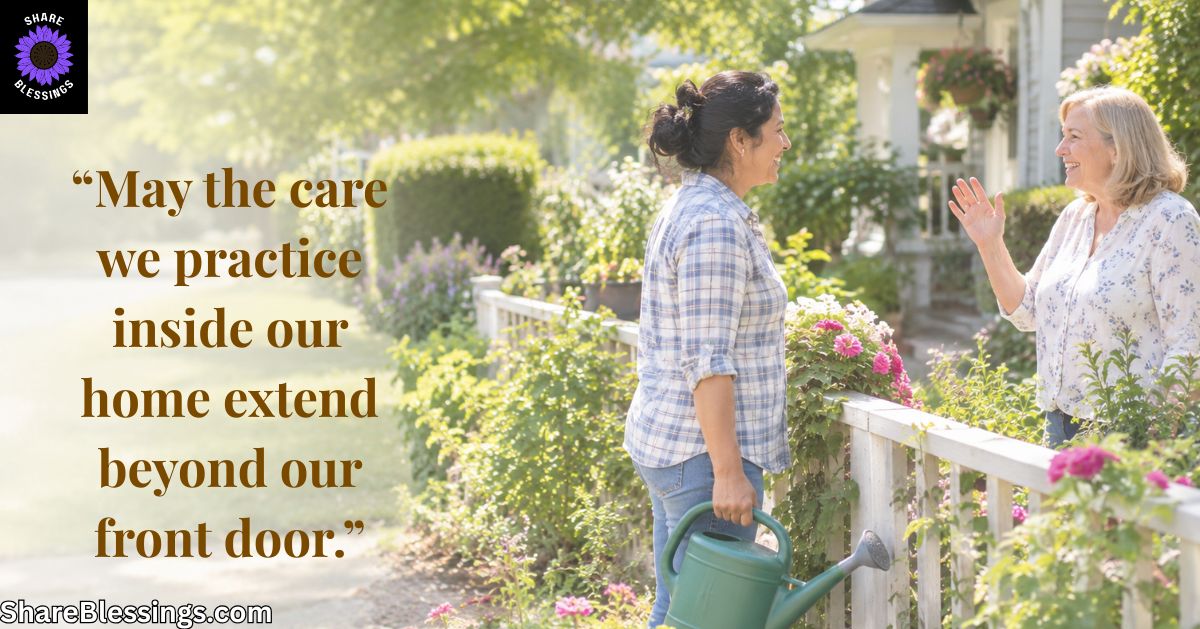 Two friendly neighbors chatting across a garden fence surrounded by colorful flowers.