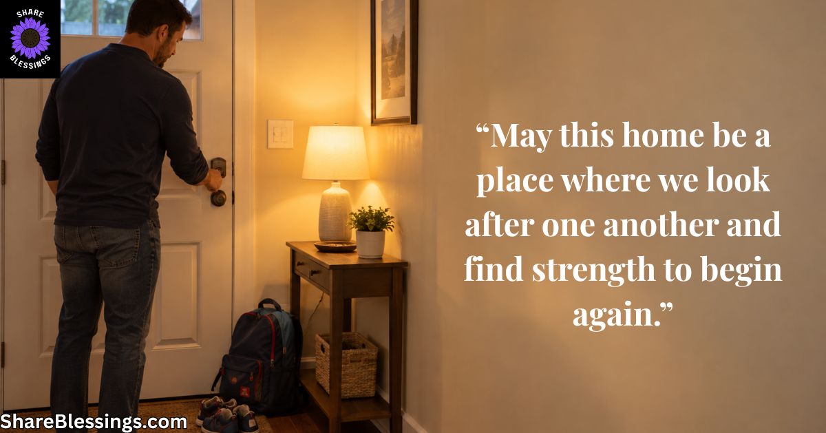 Father locking the front door at night with his child's backpack and shoes beside the entrance.
