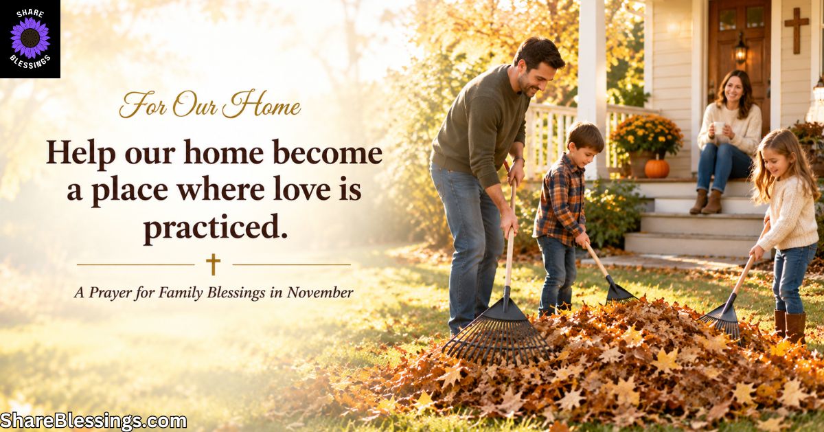 A father and two children rake a large pile of golden autumn leaves in front of their home while the mother sits smiling on the porch steps with a mug. A wooden cross hangs beside the front door. Warm afternoon sunlight creates a cheerful family atmosphere.