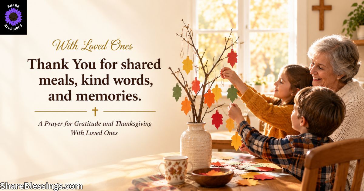 A grandmother and two children decorate a thankful tree at a kitchen table, hanging colorful paper leaves on a bare branch arranged in a vase. A wooden cross hangs on the wall behind them, and soft autumn sunlight fills the room.