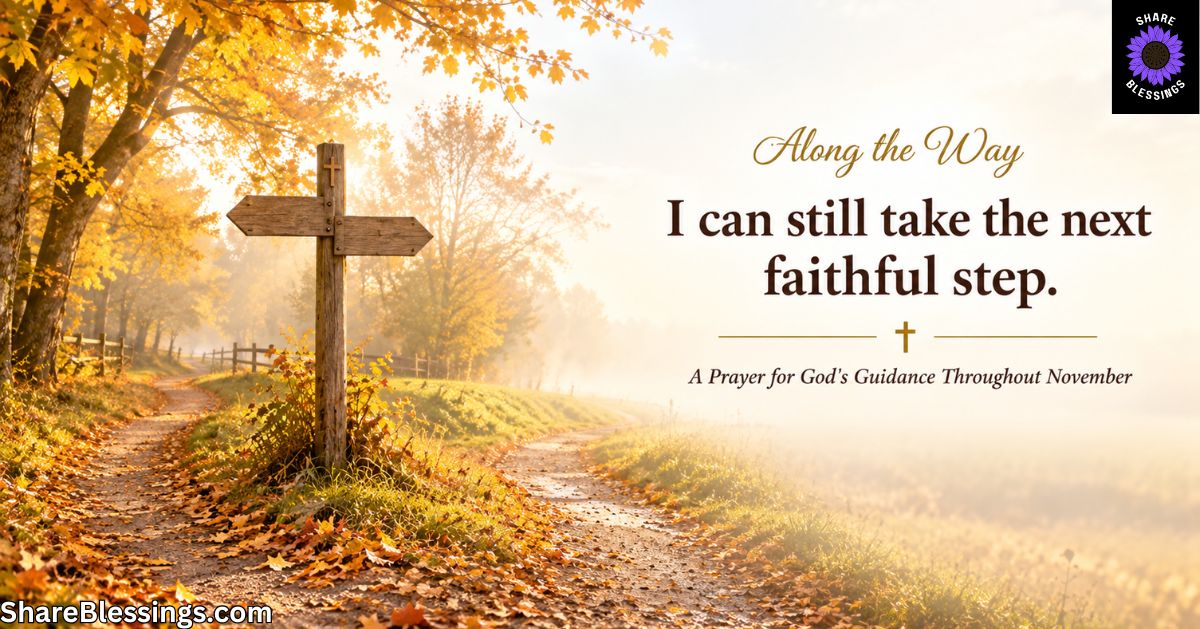 A quiet country path covered in golden autumn leaves forks beside a rustic wooden signpost with a small cross carved at the top. Sunlight filters through autumn trees and soft morning mist, creating a peaceful, reflective scene.