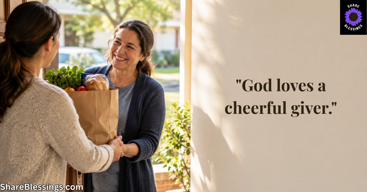 Woman handing a bag of groceries to her neighbor at the front door