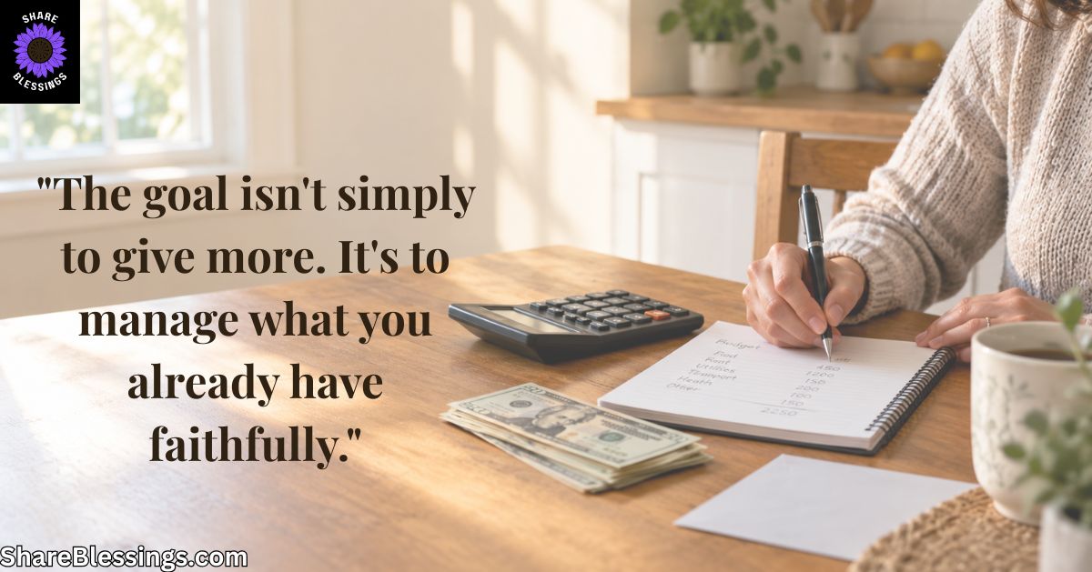 Person writing a monthly budget at the kitchen table with cash and a calculator nearby