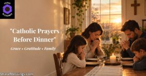 Family praying together at a sunlit dinner table with a lit candle