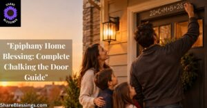 Family standing at their front door as the father chalks the blessing 20+C+M+B+26 at sunset