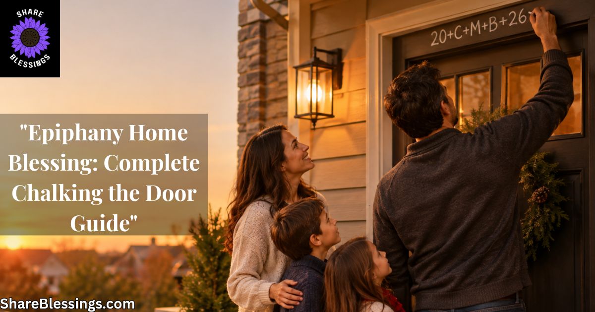 Family standing at their front door as the father chalks the blessing 20+C+M+B+26 at sunset