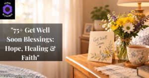 Get-well card, wildflowers, and a cup of tea on a sunlit bedside table