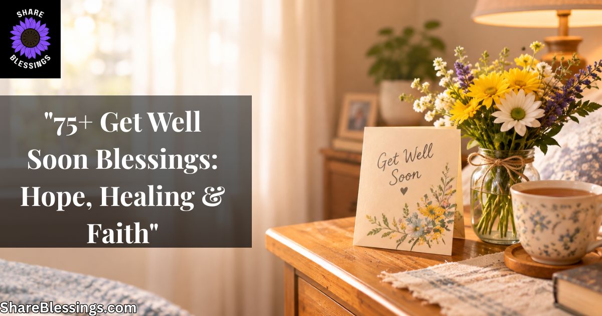 Get-well card, wildflowers, and a cup of tea on a sunlit bedside table