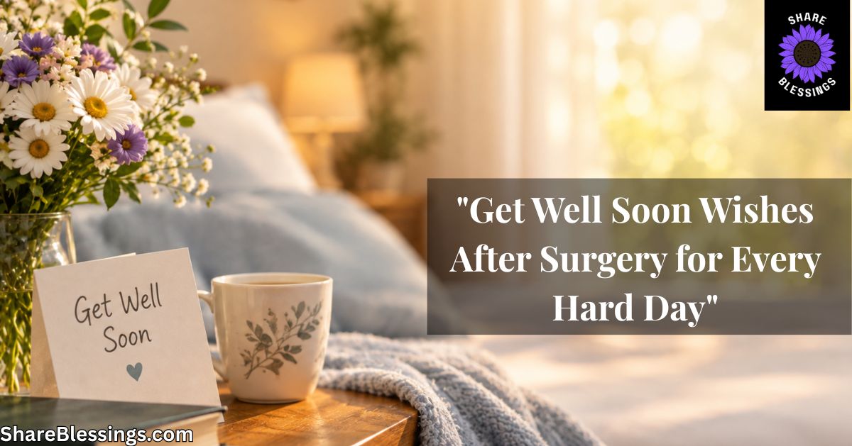 Get-well card, wildflowers, and a cup of tea beside a cozy blanket in warm sunlight