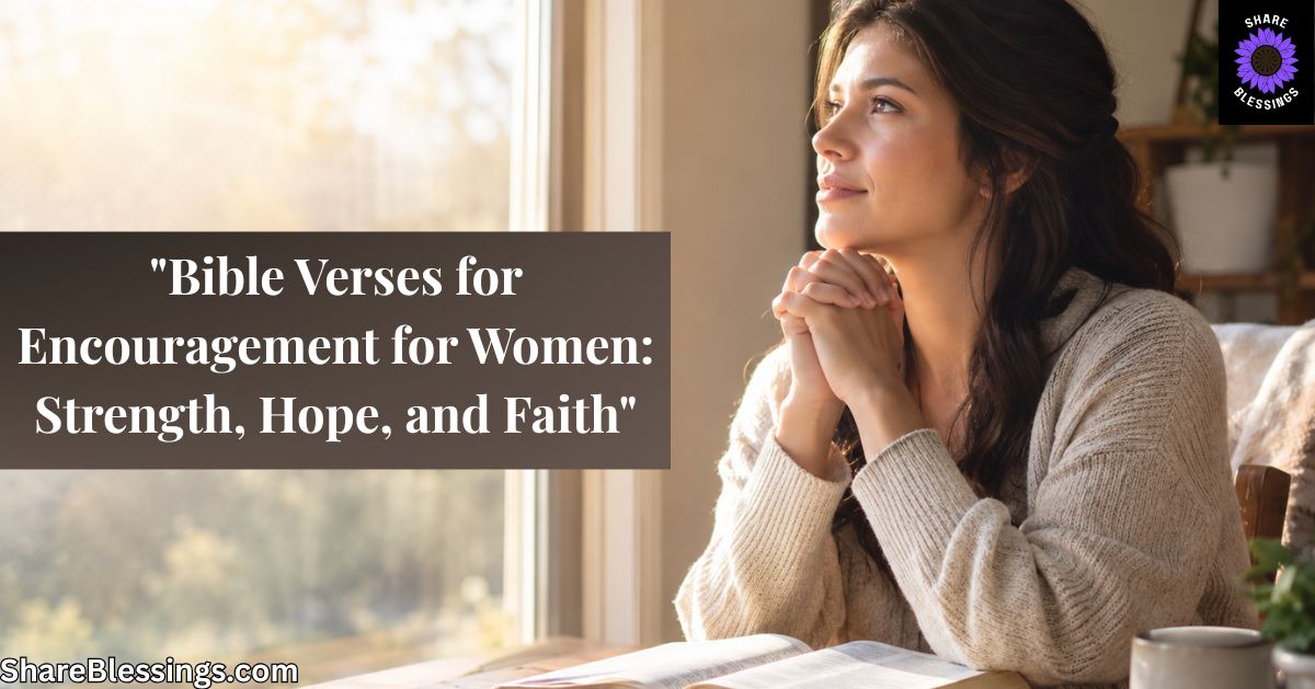 Woman sitting by a window with hands folded, Bible open on the table in front of her