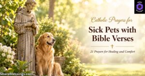 A stone statue of Saint Francis of Assisi holding birds stands beside a peaceful golden retriever in a sunlit garden.
