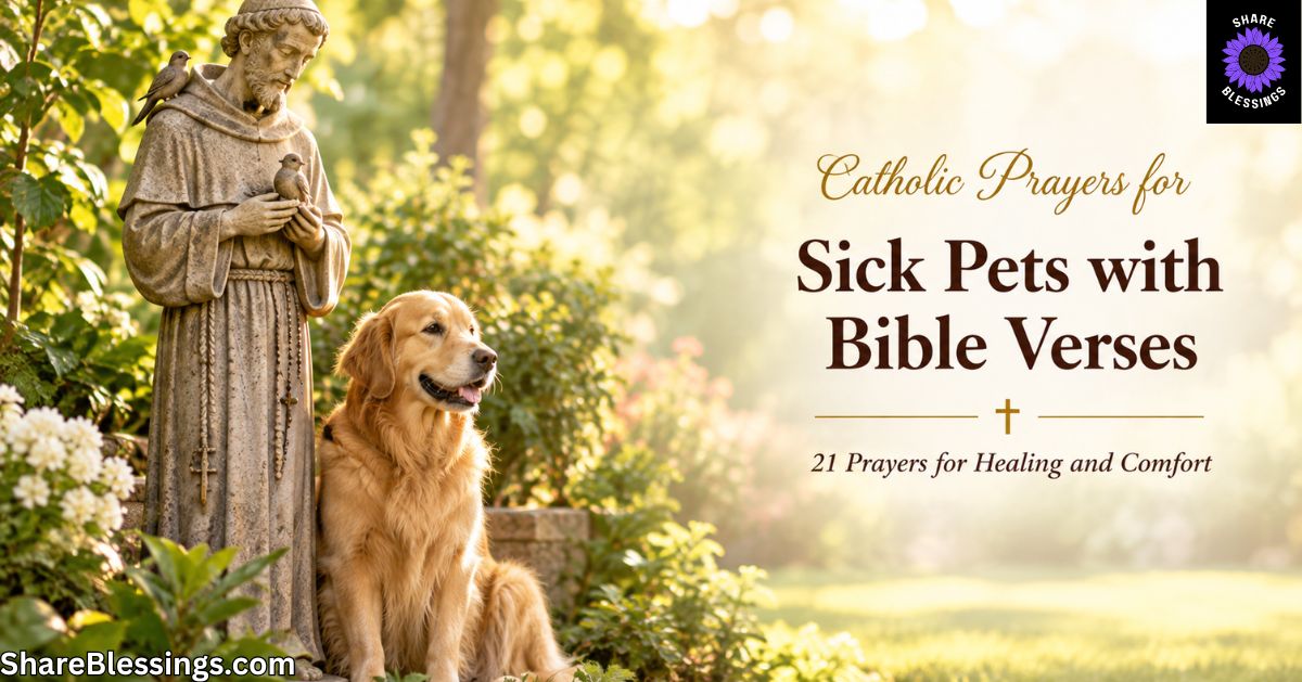 A stone statue of Saint Francis of Assisi holding birds stands beside a peaceful golden retriever in a sunlit garden.