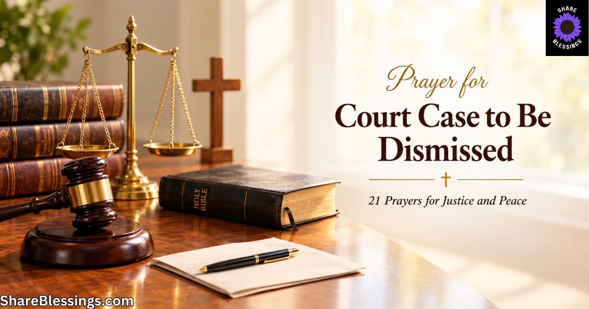 A wooden judge’s gavel, brass scales of justice, leather law books, a closed black Holy Bible, and a wooden cross sit on a polished desk in warm golden sunlight.