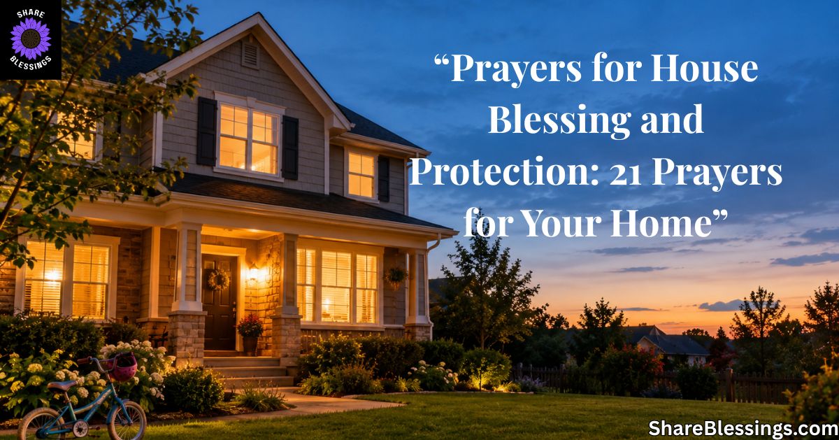 Peaceful family home glowing with warm lights at dusk, representing house blessing and protection.