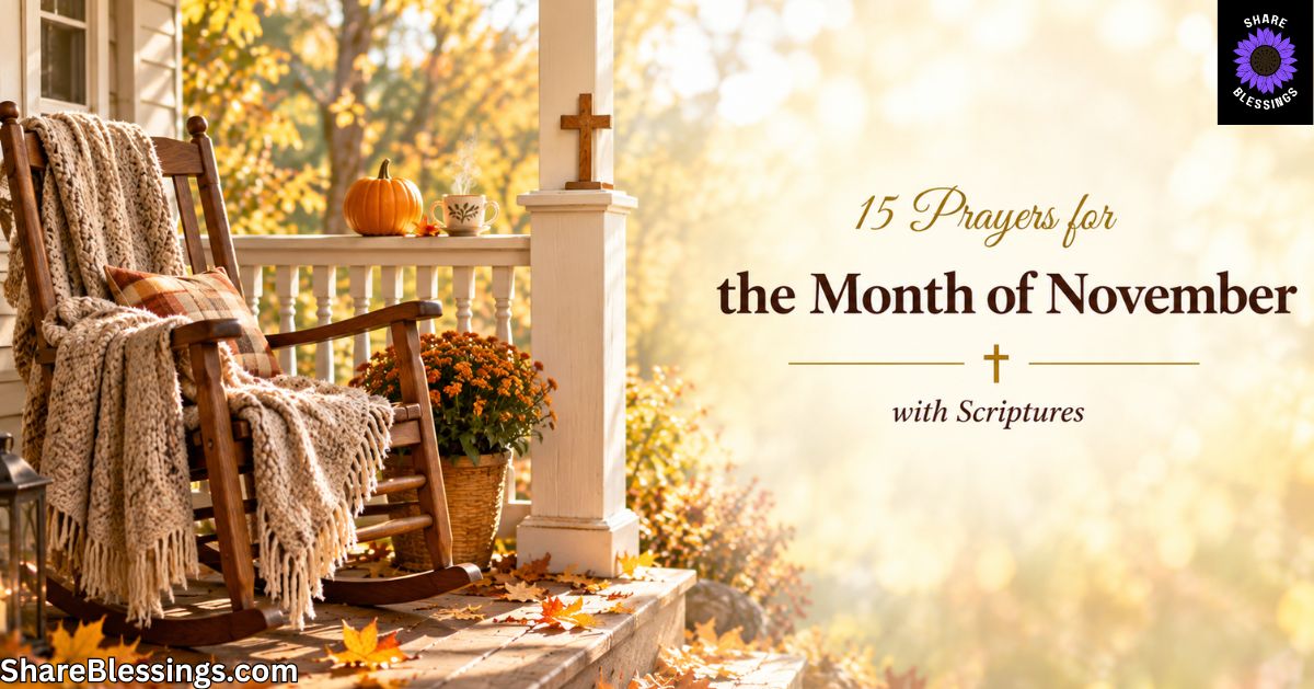 A cozy autumn porch featuring a wooden rocking chair draped with a knitted blanket, a pumpkin, a cup of tea, and a wooden cross on the railing. Golden and orange leaves cover the steps in warm morning sunlight.